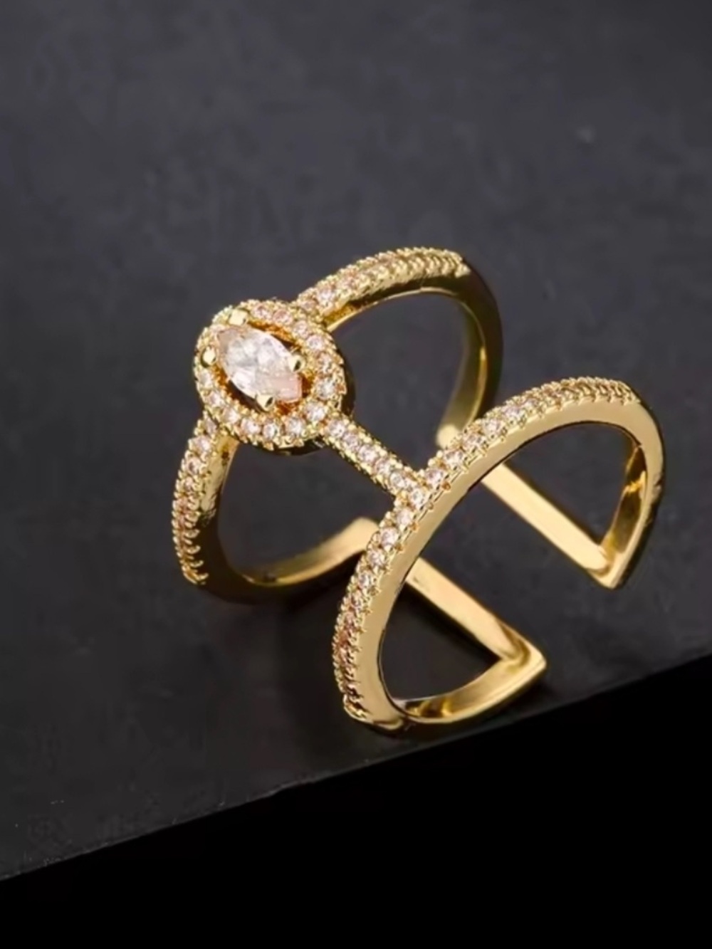 Anthropologie Gold-Tone Split Band Marquise Ring with Clear Stones